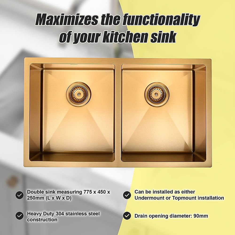 775x450mm Handmade Stainless Steel Undermount / Topmount Kitchen Laundry Sink with Waste V63-846511