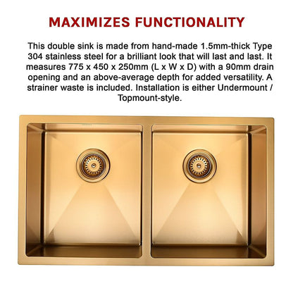 775x450mm Handmade Stainless Steel Undermount / Topmount Kitchen Laundry Sink with Waste V63-846511