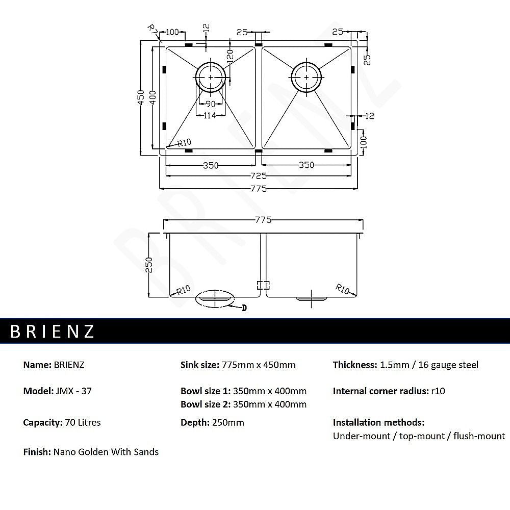 775x450mm Handmade Stainless Steel Undermount / Topmount Kitchen Laundry Sink with Waste V63-846511