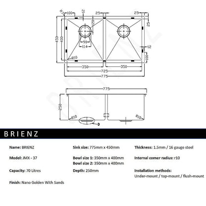 775x450mm Handmade Stainless Steel Undermount / Topmount Kitchen Laundry Sink with Waste V63-846511