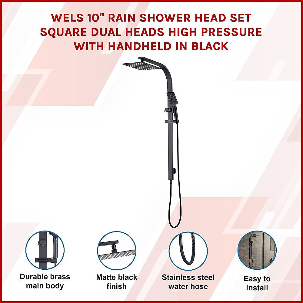 WELS 10" Rain Shower Head Set Square Dual Heads High Pressure with Handheld in Black V63-848021