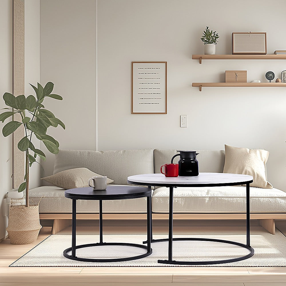 Set of 2 Coffee Table Round Marble Nesting Side End Table Furniture V63-848251