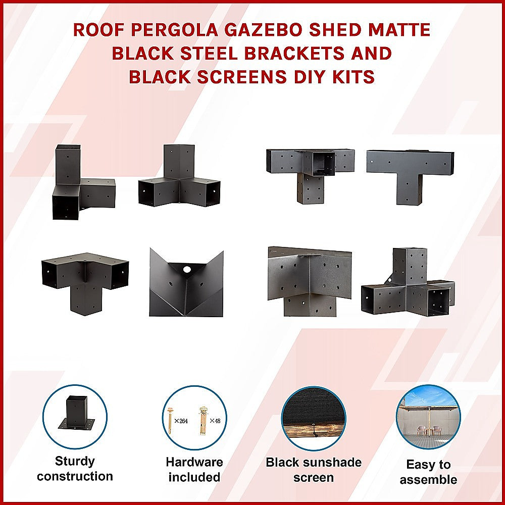 Roof Pergola Gazebo Shed Matte Black Steel Brackets and Black Screens DIY Kits V63-848331