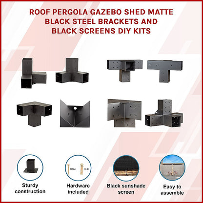 Roof Pergola Gazebo Shed Matte Black Steel Brackets and Black Screens DIY Kits V63-848331