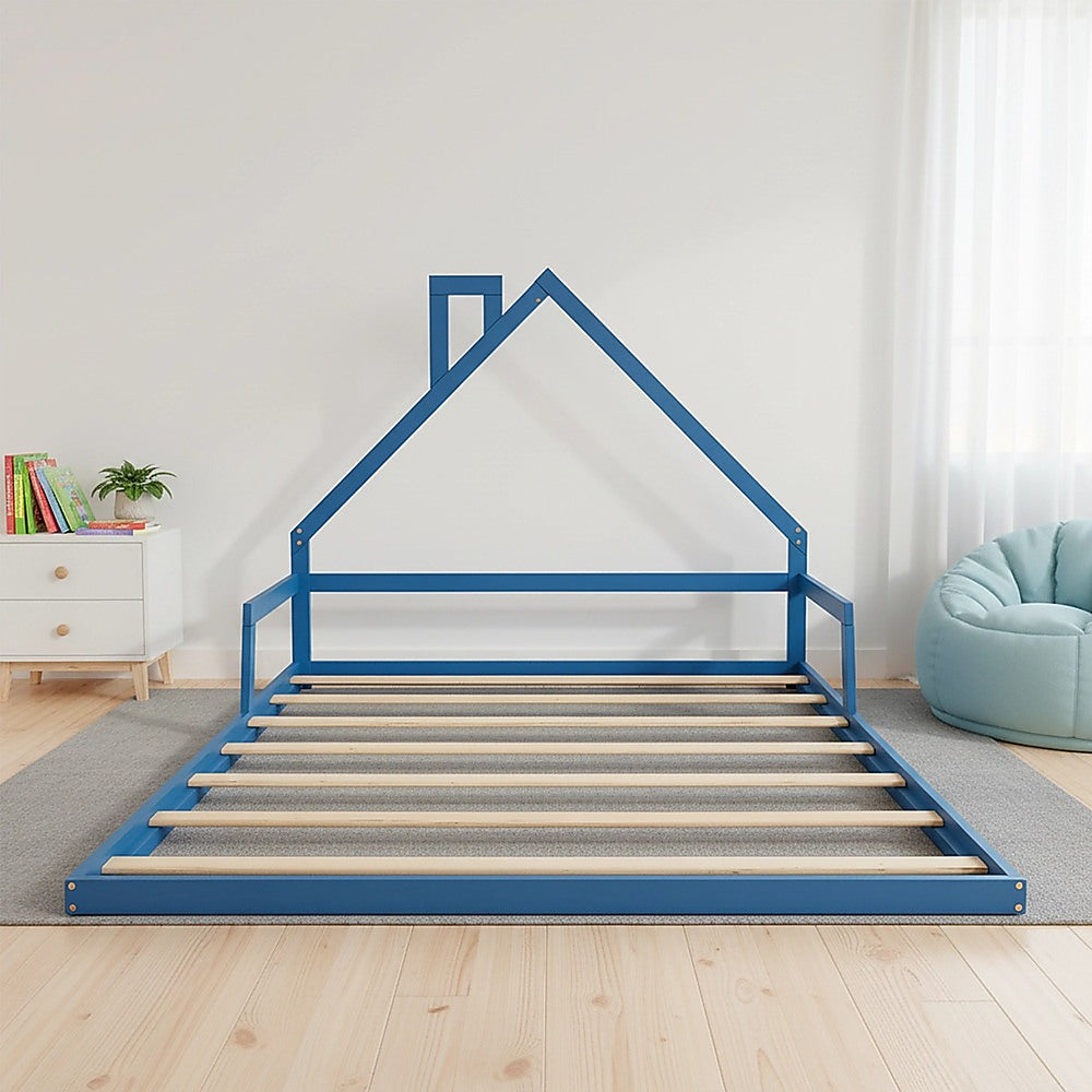 Pine Wood Floor Bed House Frame for Kids and Toddlers