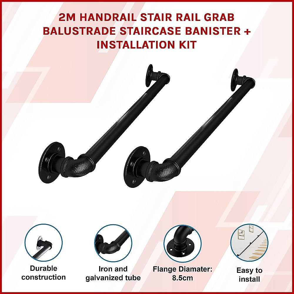 2m Handrail Stair Rail Grab Balustrade Staircase Banister + Installation Kit V63-850221
