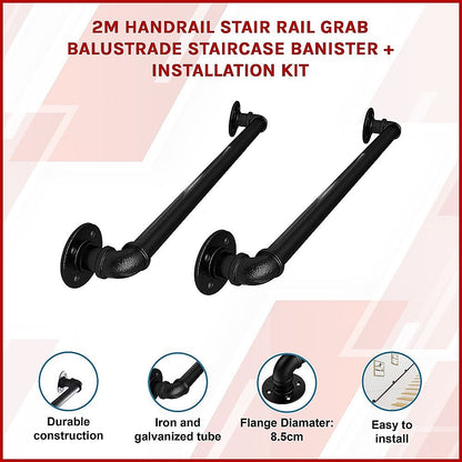 2m Handrail Stair Rail Grab Balustrade Staircase Banister + Installation Kit V63-850221