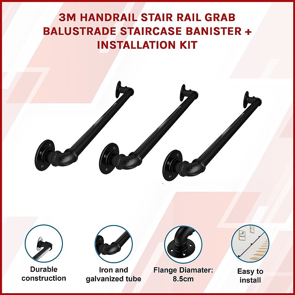 3m Handrail Stair Rail Grab Balustrade Staircase Banister + Installation Kit V63-850231