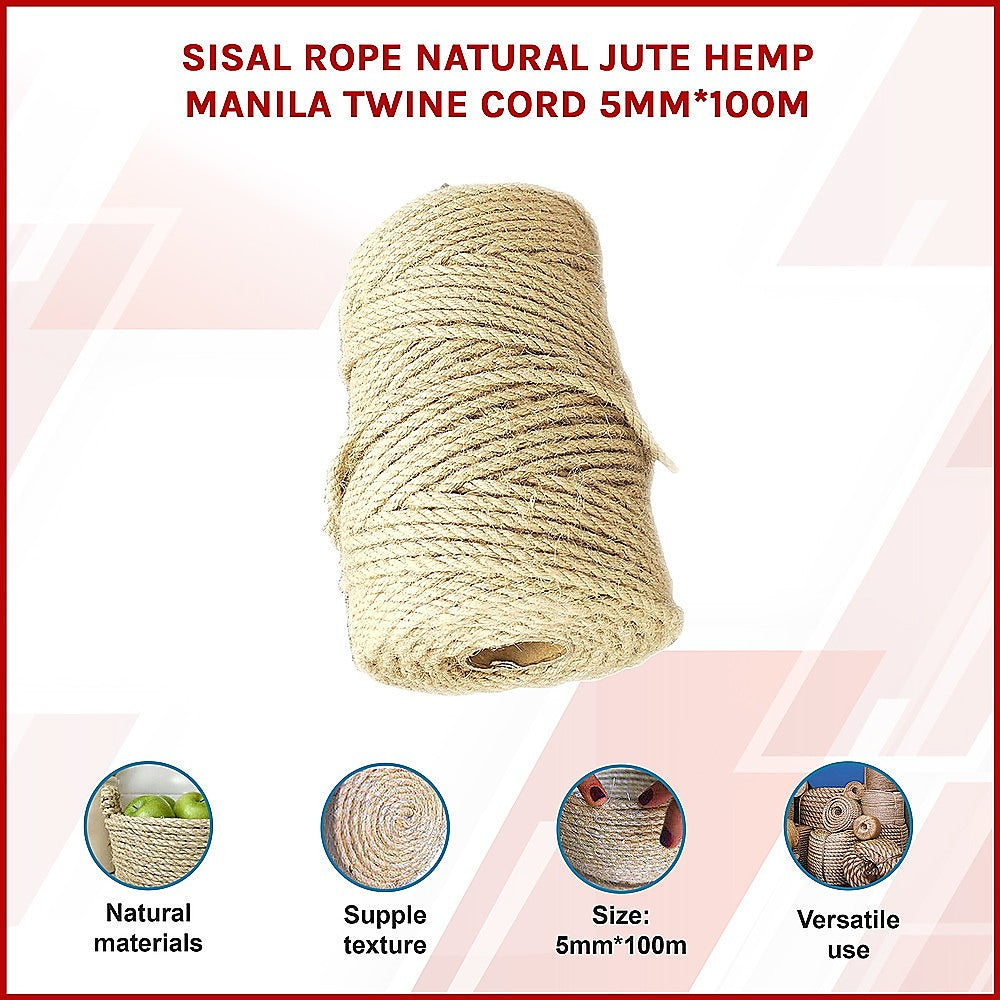 Sisal Rope Natural Jute Hemp Manila Twine Cord 5mm*100m V63-850361