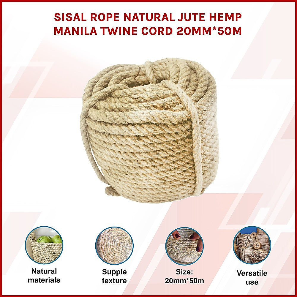 Sisal Rope Natural Jute Hemp Manila Twine Cord 20mm*50m V63-850371
