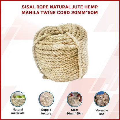 Sisal Rope Natural Jute Hemp Manila Twine Cord 20mm*50m V63-850371