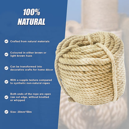 Sisal Rope Natural Jute Hemp Manila Twine Cord 20mm*50m V63-850371