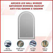 Arched LED Wall Mirror Bathroom Mirrors Makeup Anti-fog 600mm x 1000mm V63-850381