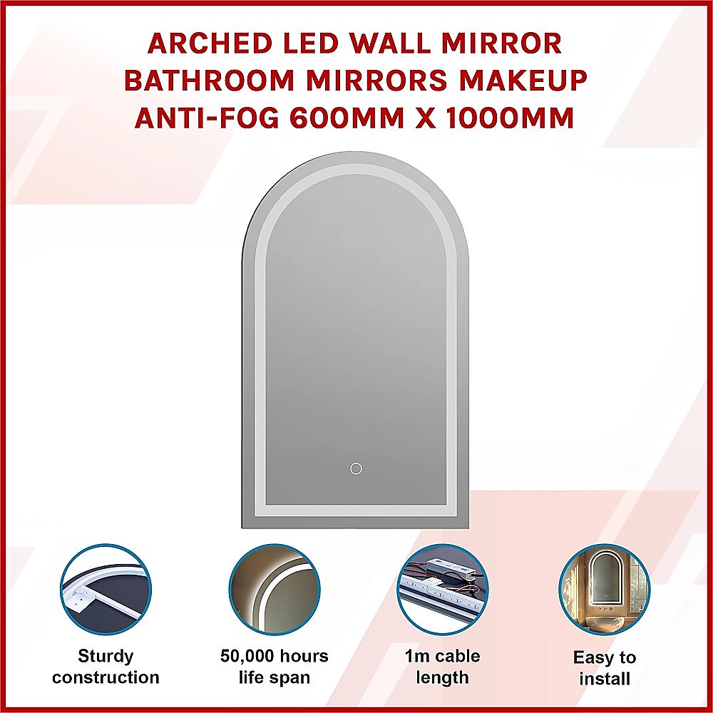 Arched LED Wall Mirror Bathroom Mirrors Makeup Anti-fog 600mm x 1000mm V63-850381