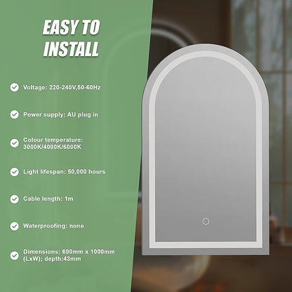 Arched LED Wall Mirror Bathroom Mirrors Makeup Anti-fog 600mm x 1000mm V63-850381