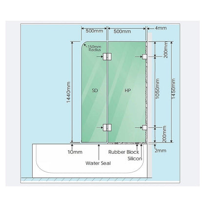100cm Frameless Glass Bath Screen - Stainless Steel F-Brackets in Black V63-851661