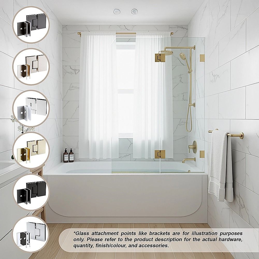 90cm Frameless Glass Bath Screen - Brass F-Brackets in Black for Stylish Bathroom Upgrade V63-852011