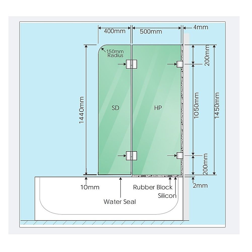 90cm Frameless Glass Bath Screen - Brass F-Brackets in Black for Stylish Bathroom Upgrade V63-852011
