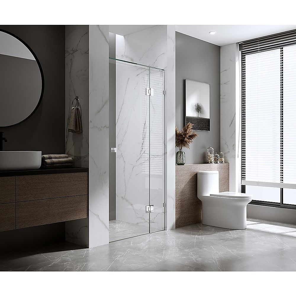 90cm Wall-to-Wall Frameless Shower Screen – Gold F-Brackets and Floor F-Bracket with SS Hinges & Round Knob Handle