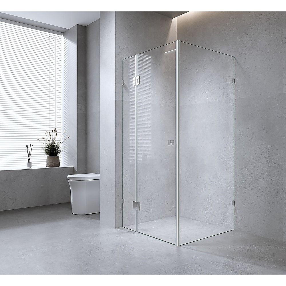 120x100cm Corner Frameless Shower Screen with Gold F-Brackets and SS Hinges, Round Knob Handle