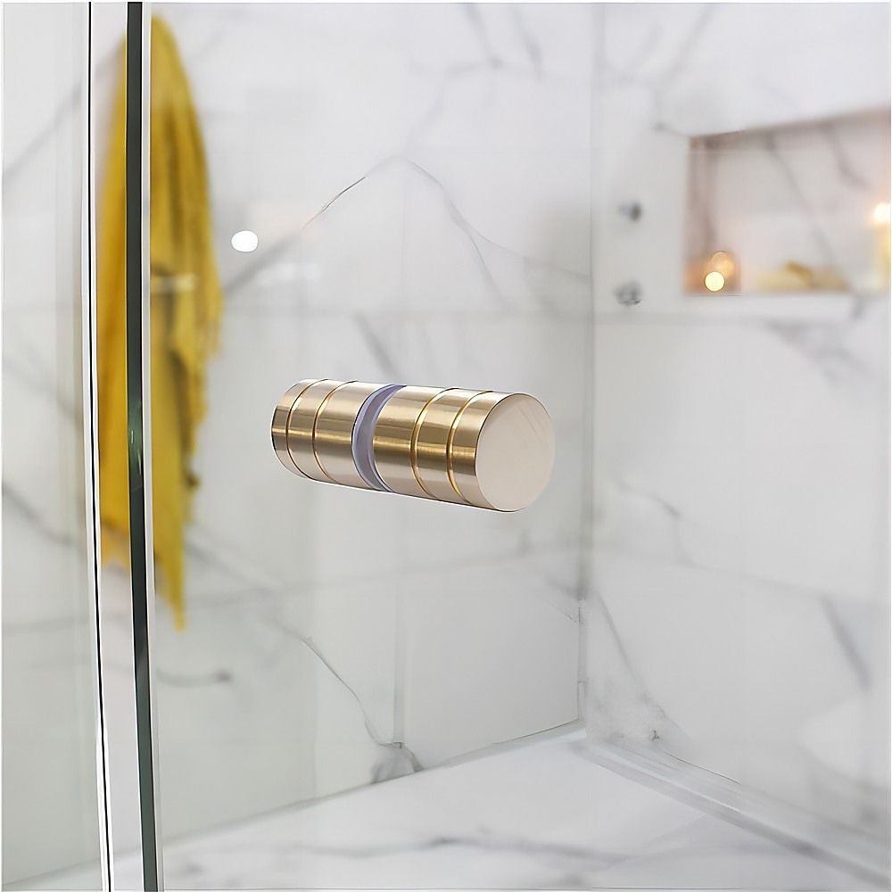 120x100cm Corner Frameless Shower Screen with Gold F-Brackets and Brass Hinges, Round Knob Handle
