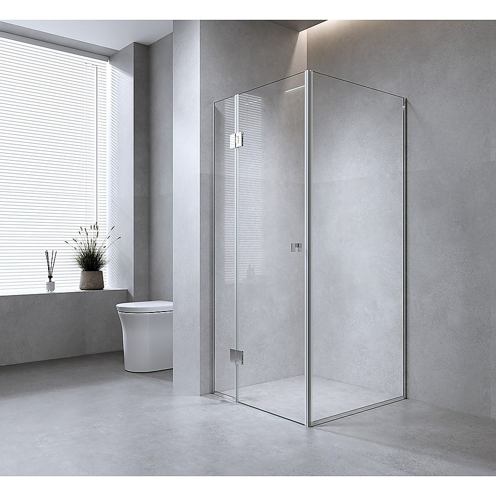 120x70cm Corner Frameless Shower Screen - White Wall Channel with Brass Hinges & Square Double Pull Handle V63-900001