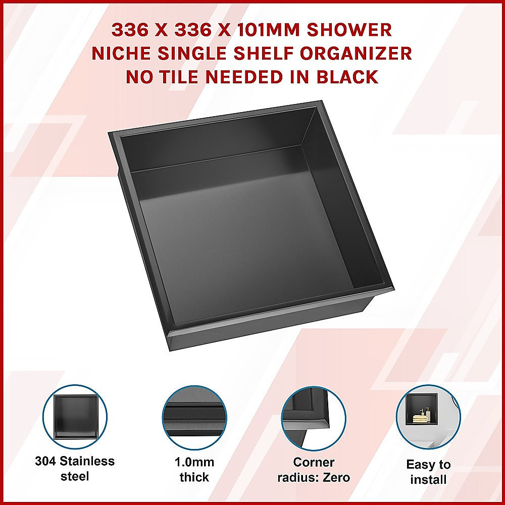 336 x 336 x 101mm Shower Niche Single Shelf Organizer No Tile Needed in Black V63-900671