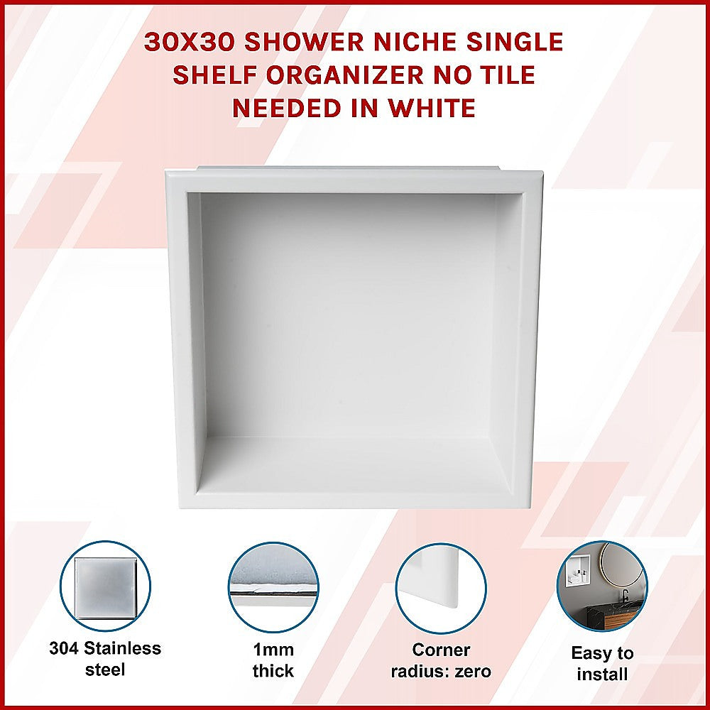 336 x 336 x 101mm Shower Niche Single Shelf Organizer No Tile Needed in White V63-900681