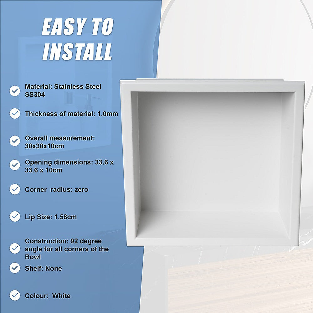 336 x 336 x 101mm Shower Niche Single Shelf Organizer No Tile Needed in White V63-900681