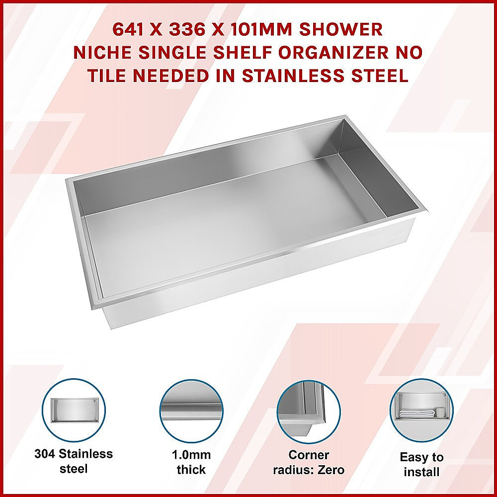 641 x 336 x 101mm Shower Niche Single Shelf Organizer No Tile Needed in Stainless Steel V63-900701