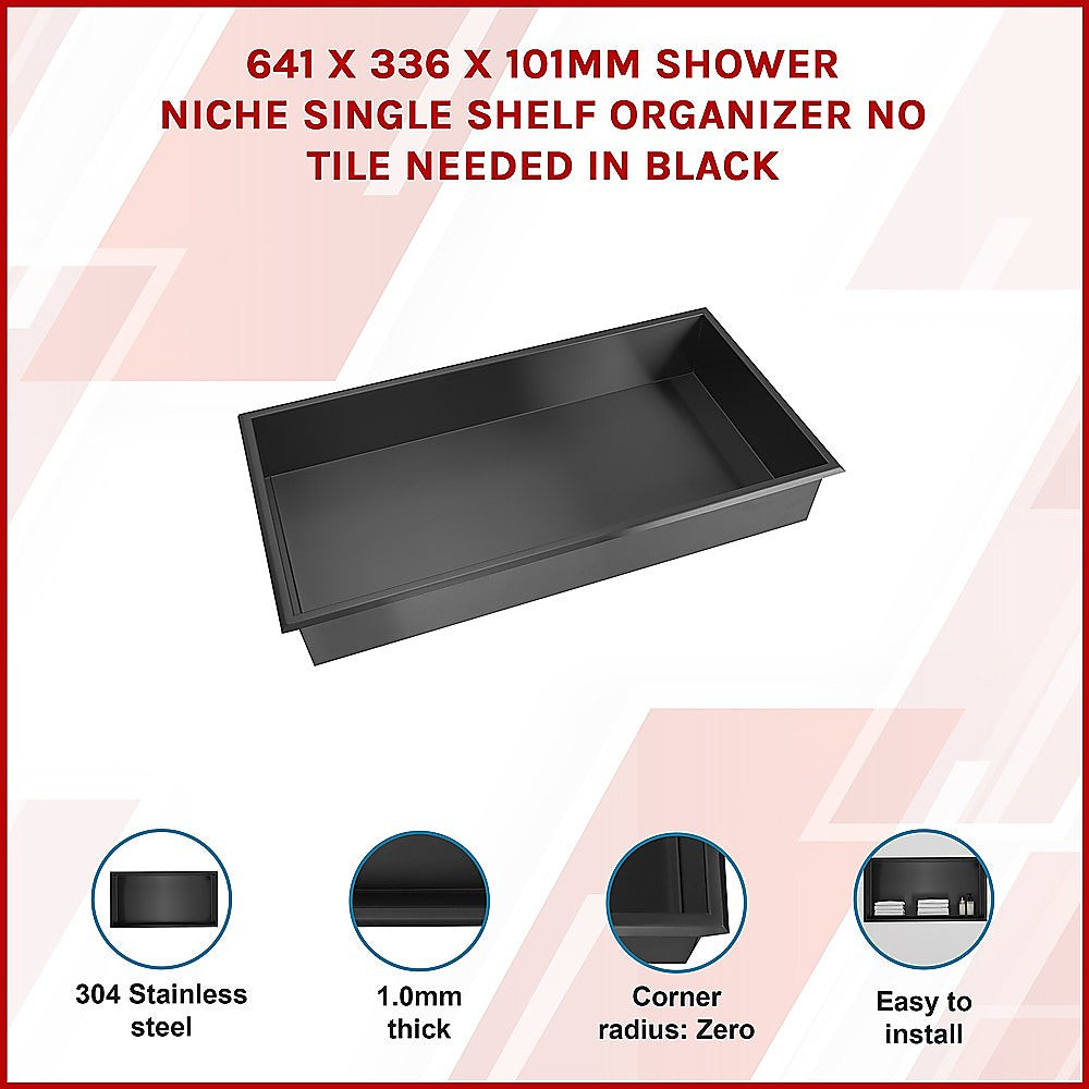 641 x 336 x 101mm Shower Niche Single Shelf Organizer No Tile Needed in Black V63-900711