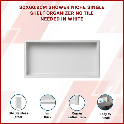 641 x 336 x 101mm Shower Niche Single Shelf Organizer No Tile Needed in White V63-900721