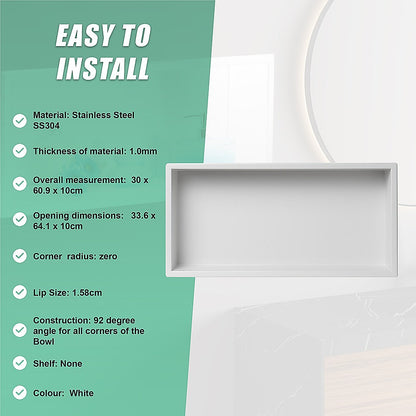 641 x 336 x 101mm Shower Niche Single Shelf Organizer No Tile Needed in White V63-900721