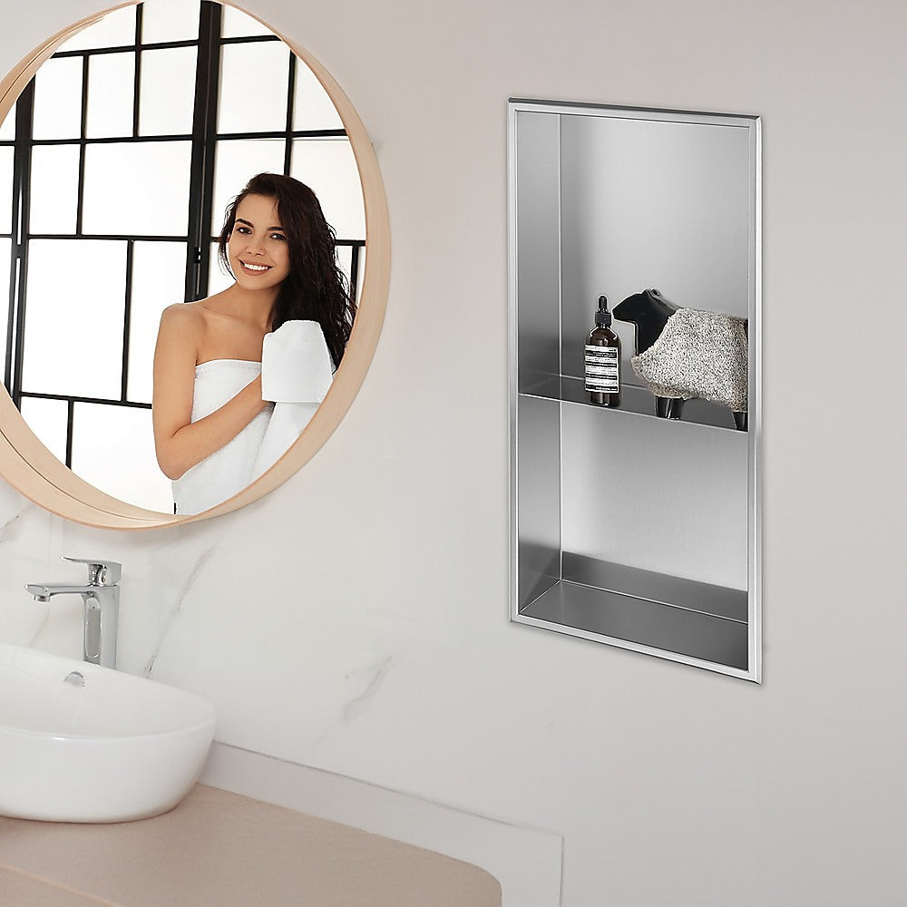 641 x 336 x 101mm Shower Niche Double Shelf Organizer No Tile Needed in Stainless Steel Finish V63-900741