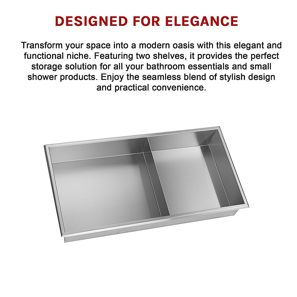 641 x 336 x 101mm Shower Niche Double Shelf Organizer No Tile Needed in Stainless Steel Finish V63-900741