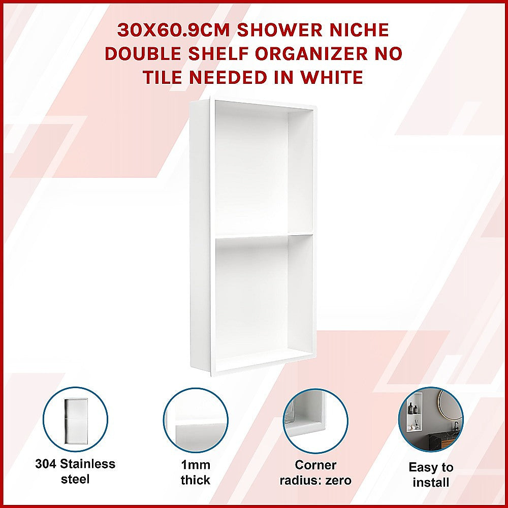 641 x 336 x 101mm Shower Niche Double Shelf Organizer No Tile Needed in White V63-900761