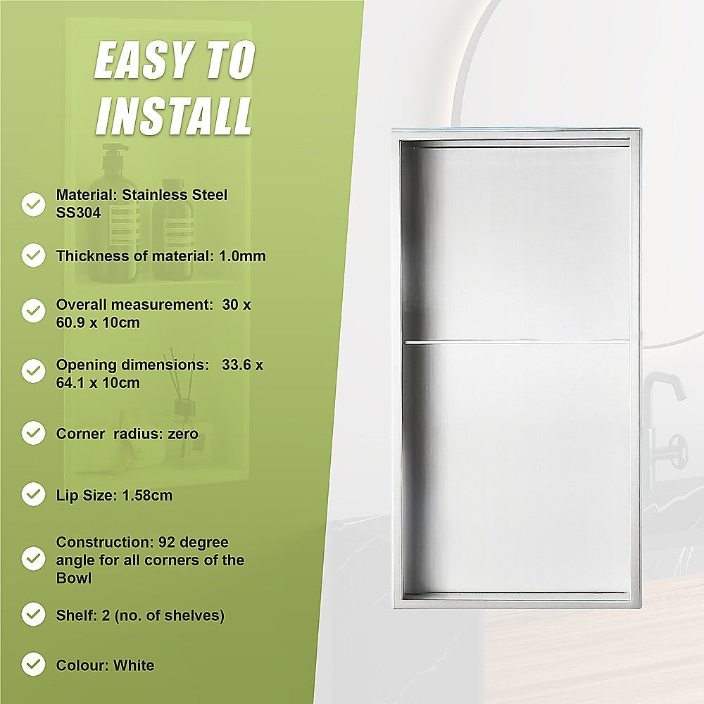 641 x 336 x 101mm Shower Niche Double Shelf Organizer No Tile Needed in White V63-900761