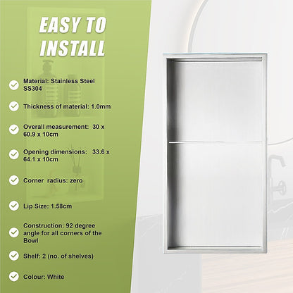 641 x 336 x 101mm Shower Niche Double Shelf Organizer No Tile Needed in White V63-900761
