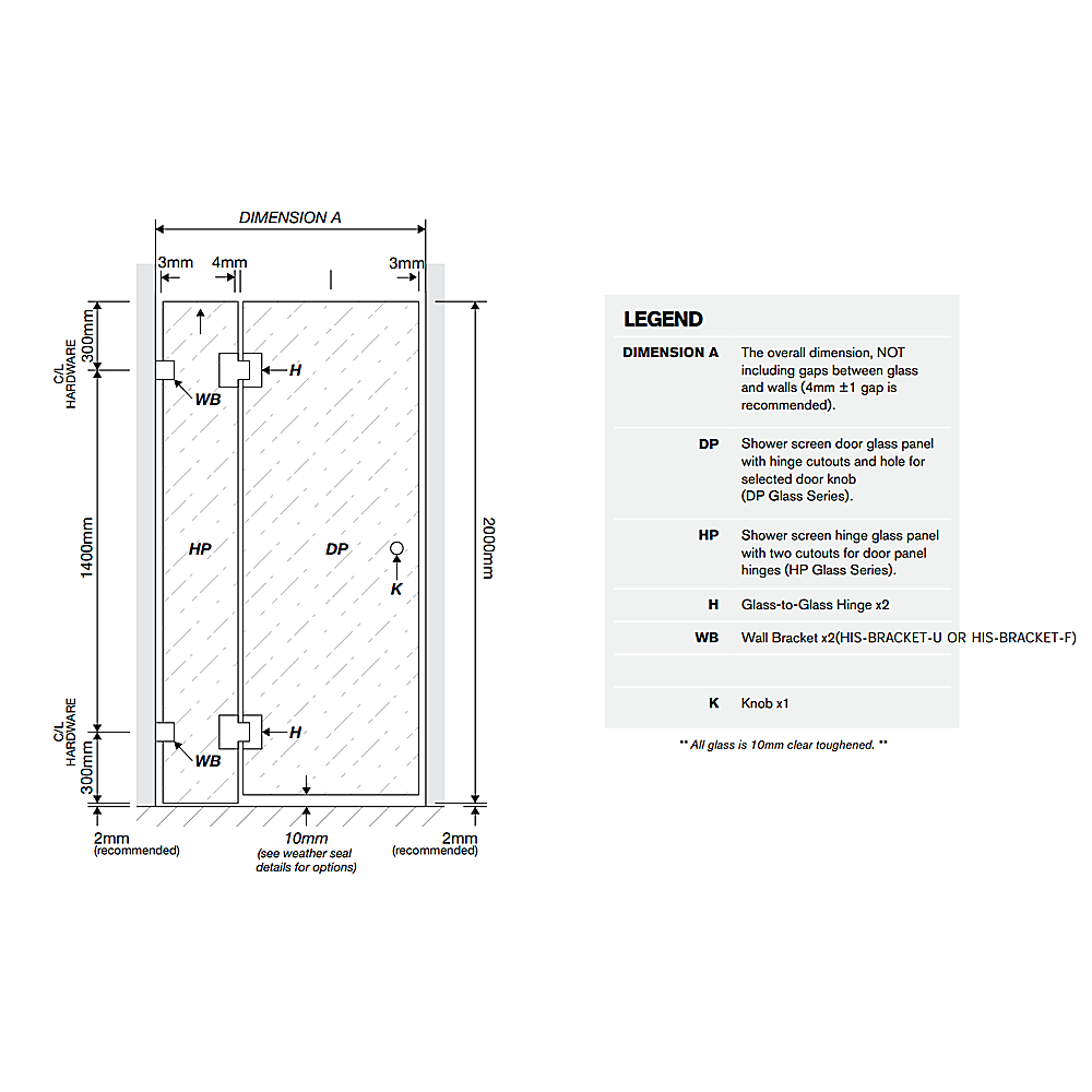 100x110cm Double Door Corner Shower Screen – Gold F-Brackets, SS Hinges & Round Knob Handle