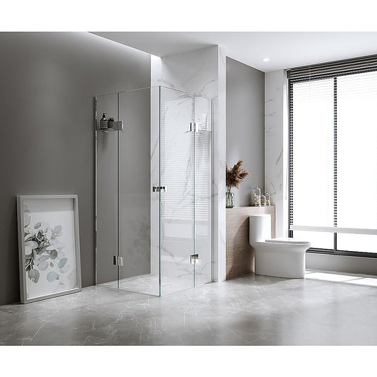 110x110cm Double Door Corner Shower Screen - Wall Channels with SS Hinges in Black, Square Knob Handle V63-904401