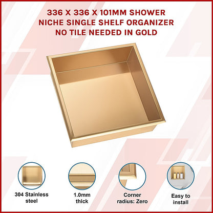 336 x 336 x 101mm Shower Niche Single Shelf Organizer No Tile Needed in Gold V63-905651