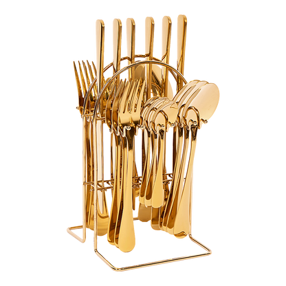 Tableware 24PC Gold Cutlery Set SS304 Household Knife Fork Spoon Kitchen with Storage Rack Dinner Service