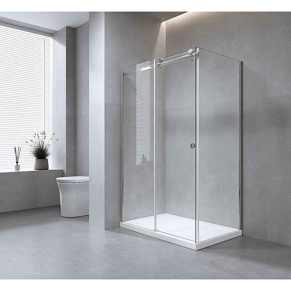 150x90cm Frameless Glass Sliding Corner Shower - With Gunmetal Rail and U-Brackets for Contemporary Bathrooms V63-915531