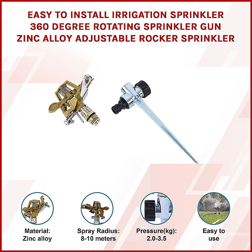 Easy to Install Irrigation Sprinkler 360 Degree Rotating Sprinkler Gun Zinc Alloy Adjustable Rocker Sprinkler V63-916181