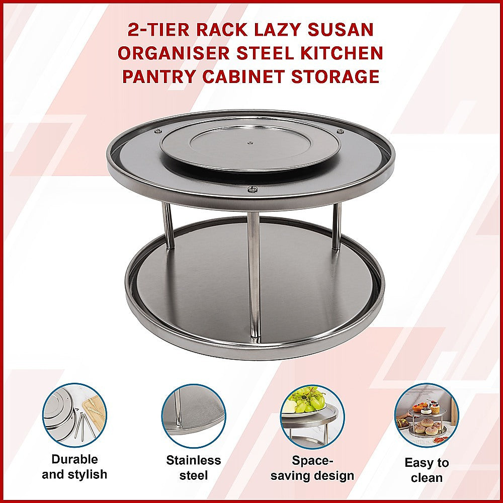 2-Tier Rack Lazy Susan Organiser Steel Kitchen Pantry Cabinet Storage V63-920801