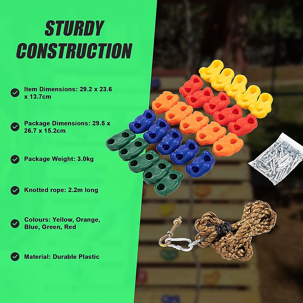 Jungle Gym Rock Climbing Holds Kids Wall Mounting Hardware Knotted Rope 25 Handles Playground V63-920951