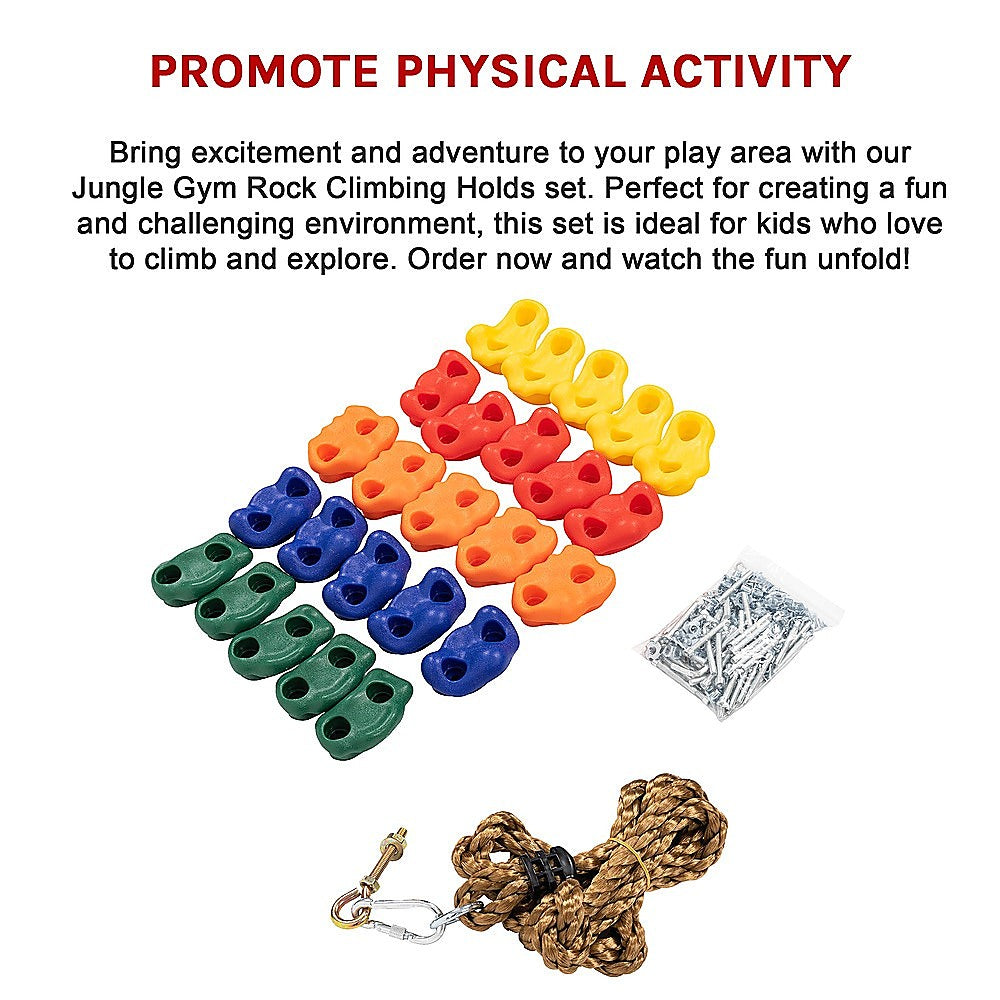 Jungle Gym Rock Climbing Holds Kids Wall Mounting Hardware Knotted Rope 25 Handles Playground V63-920951