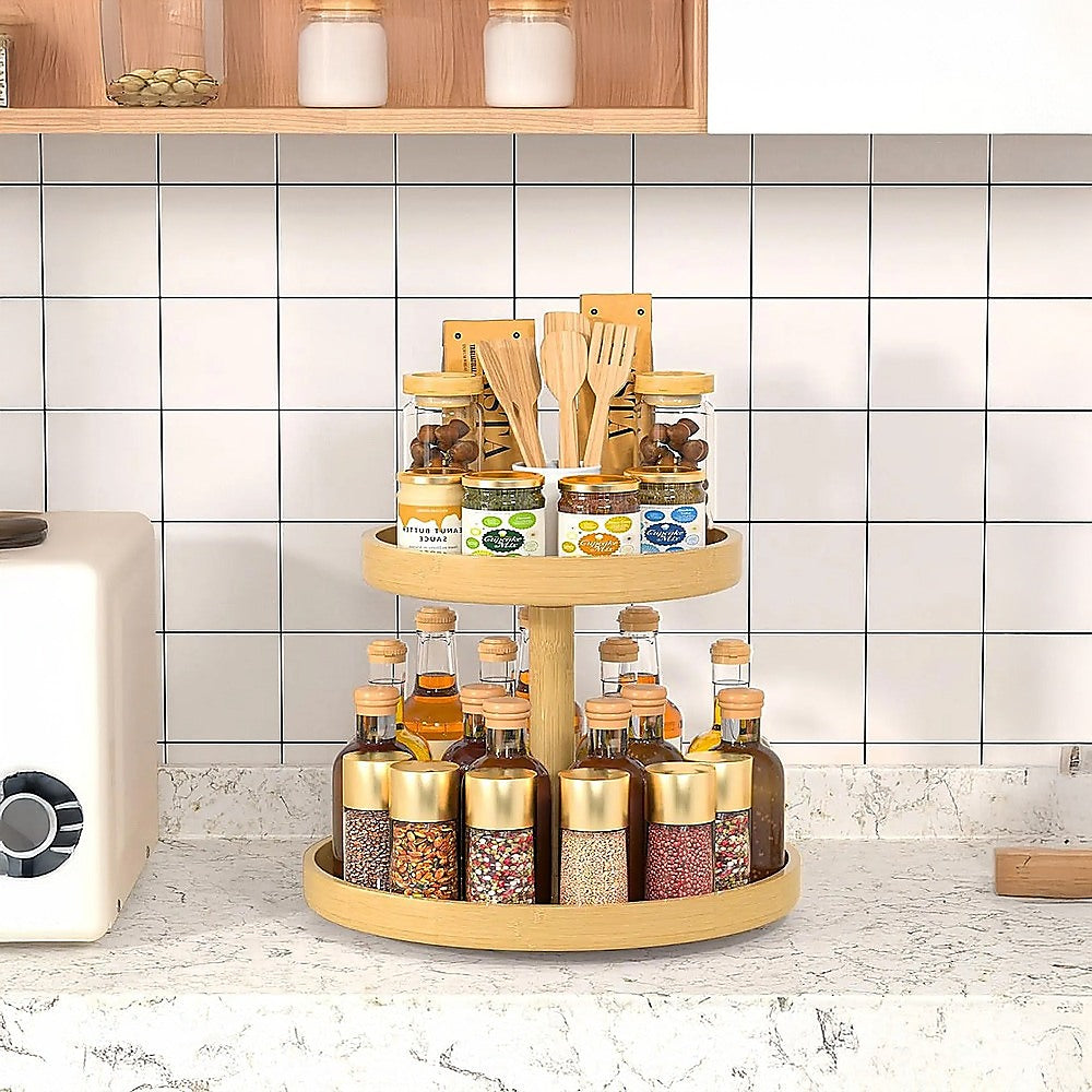 2-Tier Bamboo Lazy Susan Turntable Organizer for Kitchen Counter Cabinet V63-921011