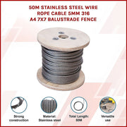50m Stainless Steel Wire Rope Cable 5mm 316 A4 7x7 Balustrade Fence V63-929941