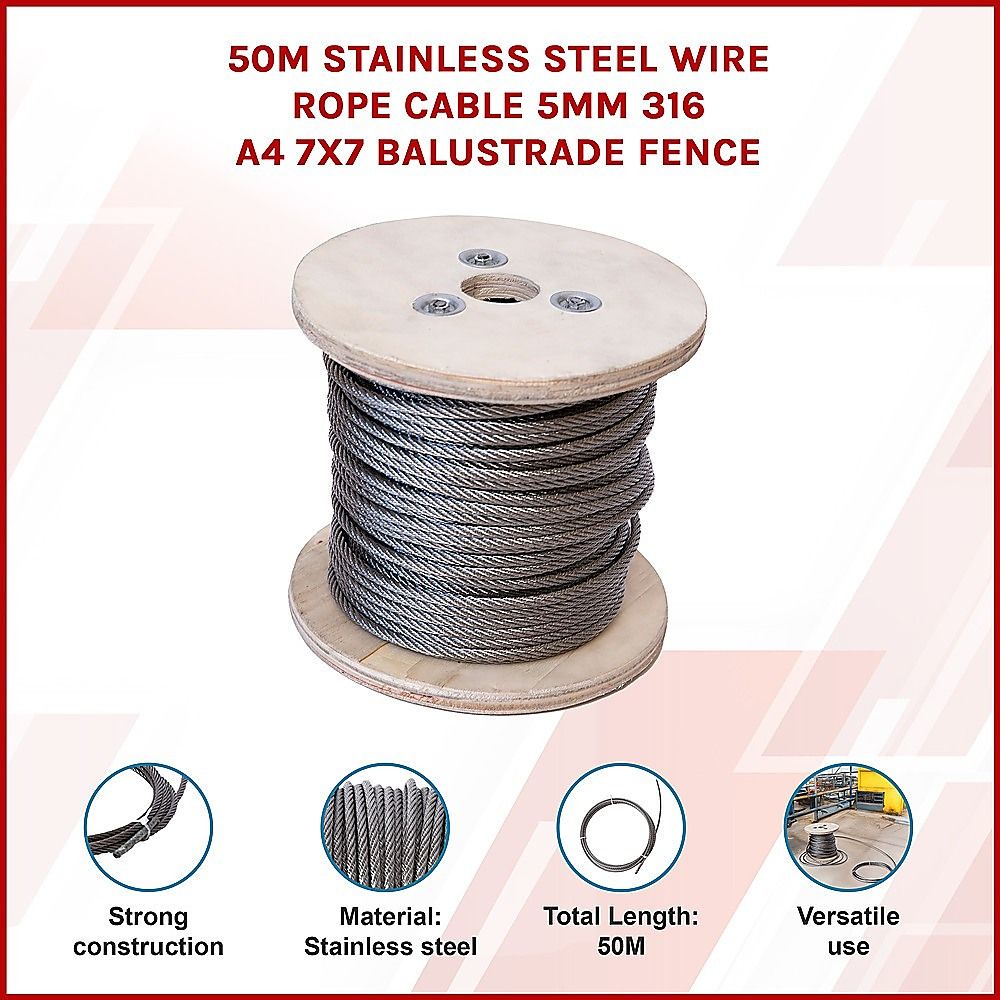 50m Stainless Steel Wire Rope Cable 5mm 316 A4 7x7 Balustrade Fence V63-929941